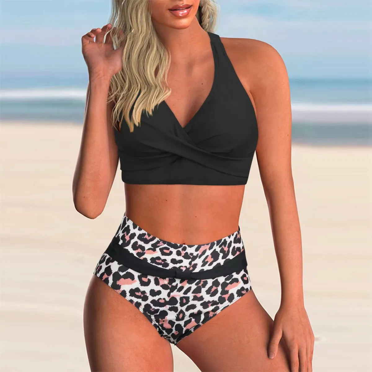 Women Fashion Sexy Printed Halter-Neck Tankini Swimsuit