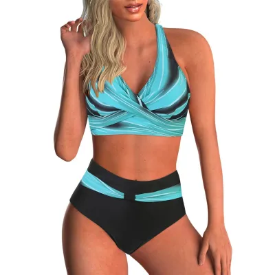 Women Fashion Sexy Printed Halter-Neck Tankini Swimsuit