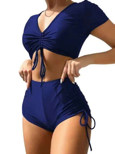 Women Fashion Solid Color Lace-Up Drawstring Tankini Swimsuit