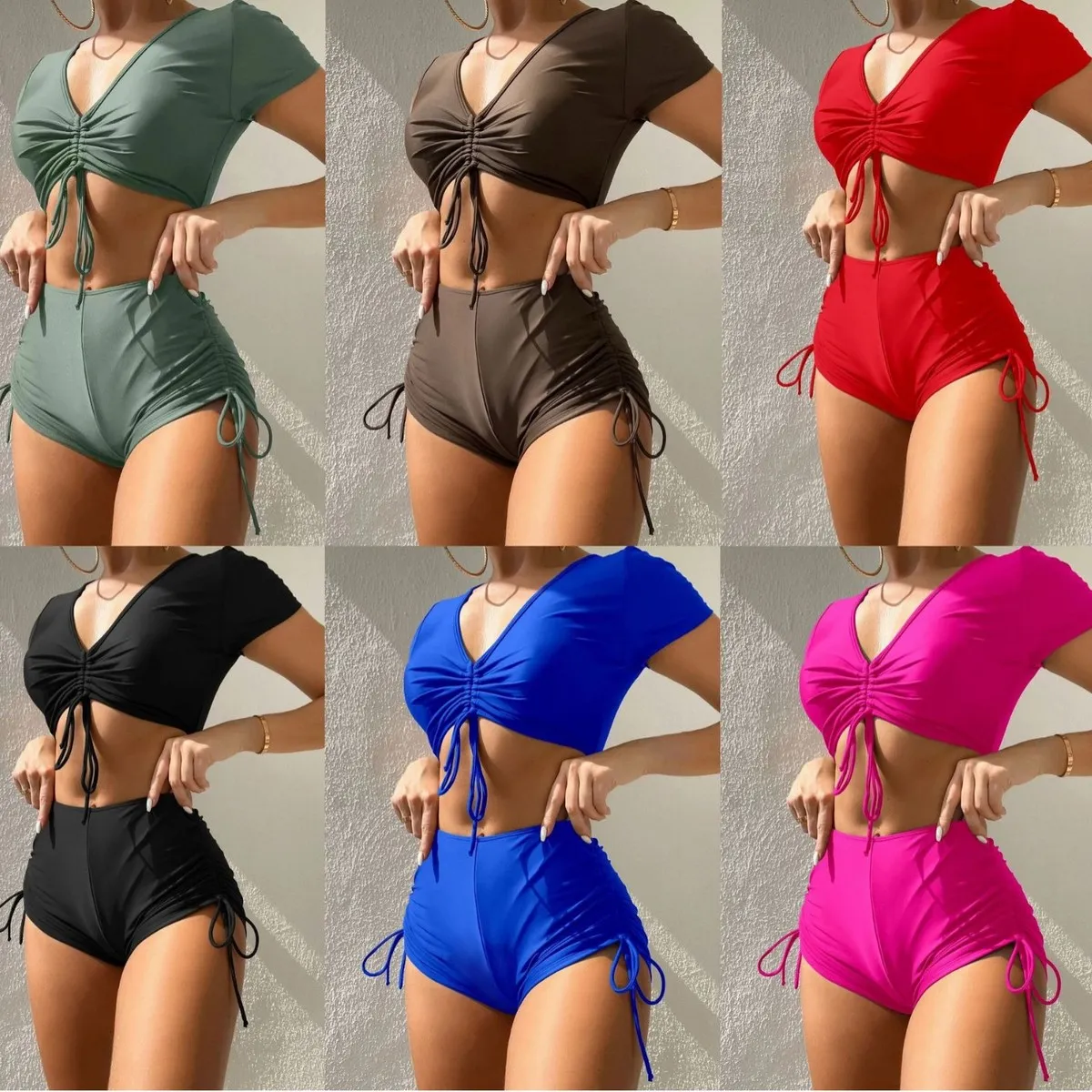 Women Fashion Solid Color Lace-Up Drawstring Tankini Swimsuit