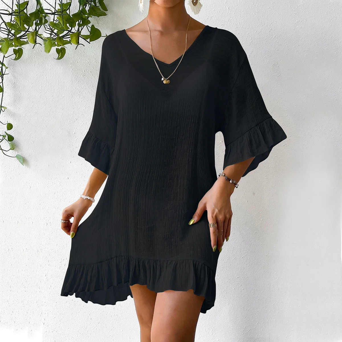 Women's Cotton Blend V-Neck Short-Sleeve Loose Beach Cover-Up