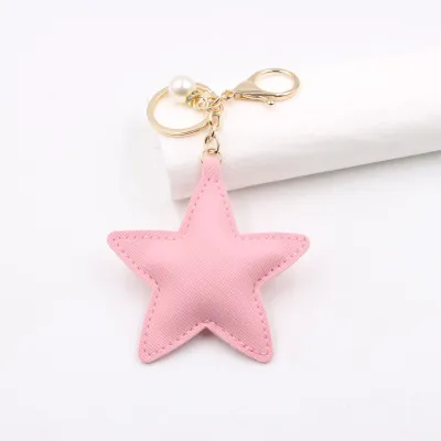 Women Fashion Solid Color PU Leather Five-Pointed Star Keychain Car Ornament