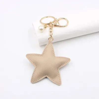 Women Fashion Solid Color PU Leather Five-Pointed Star Keychain Car Ornament