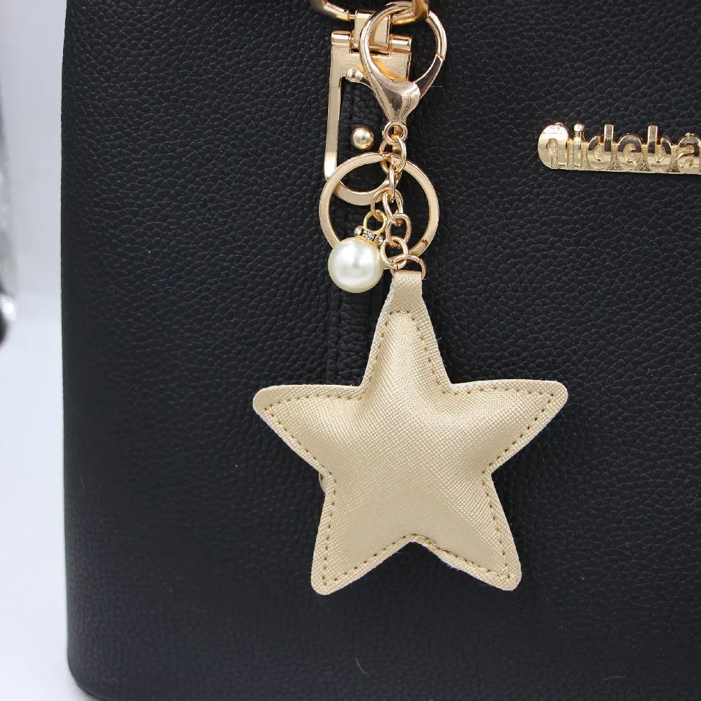 Women Fashion Solid Color PU Leather Five-Pointed Star Keychain Car Ornament