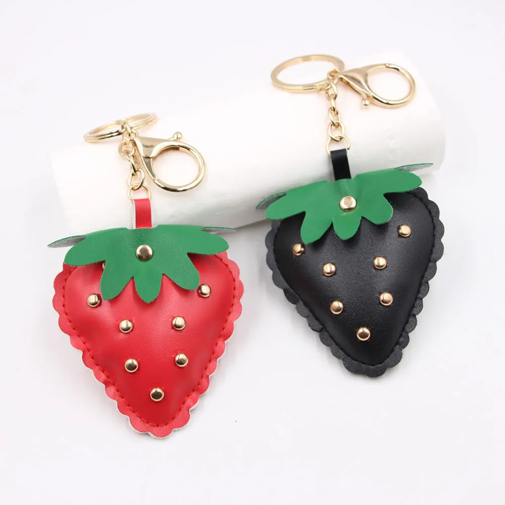 Women Fashion Punk Metal Buckle PU Leather Strawberry Keychain Pendant Bag Hanging Ornament