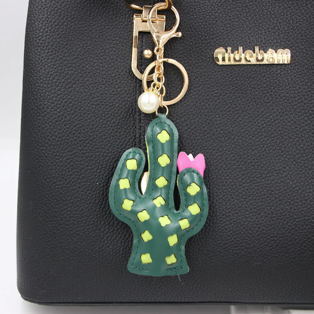 Women Fashion Cute Green Leather Cactus Keychain Pendant Car Ornament