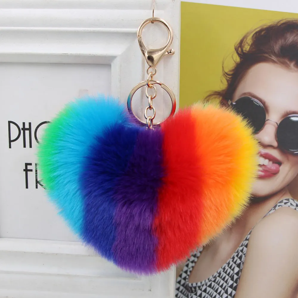 Women Fashion Rainbow Plush Heart Shaped Keychain