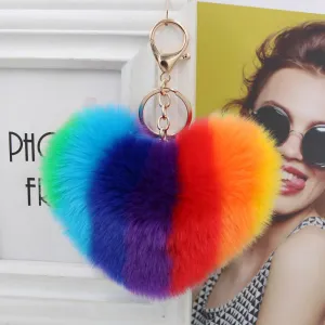 Women Fashion Rainbow Plush Heart Shaped Keychain