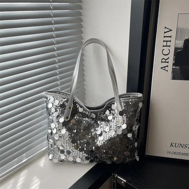 Women Fashion Casual Solid Color Sequins Large Capacity Shoulder Bag