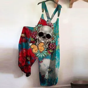 Women Casual Skull Print Sleeveless Loose Jumpsuits