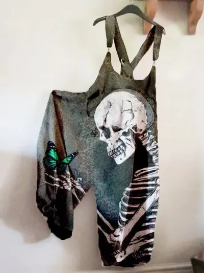 Women Casual Skull Print Sleeveless Loose Jumpsuits