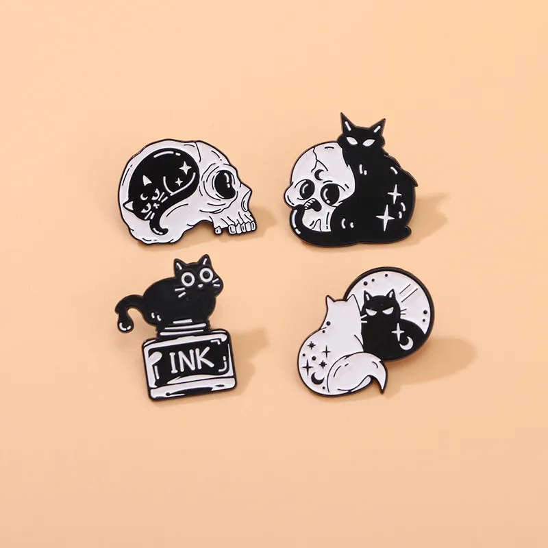 Fashion Cartoon Creative Punk Skull Black Cat Alloy Badge Brooch