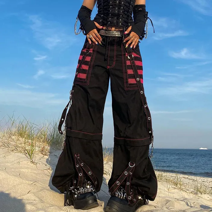 Women Fashion Gothic Dark Stripe Mesh Stitching Straight-Leg Woven Pants