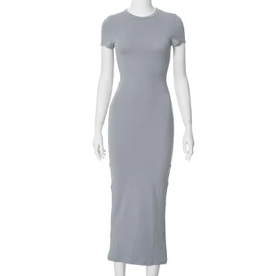 Women's High Elastic Slim-Fit Short-Sleeve Crewneck Dress - Simple Solid Color