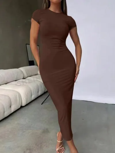 Women's High Elastic Slim-Fit Short-Sleeve Crewneck Dress - Simple Solid Color
