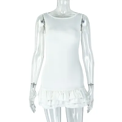 Women Fashion Sexy Solid Color Round Neck Sleeveless Slim-Fit Pleated Dress
