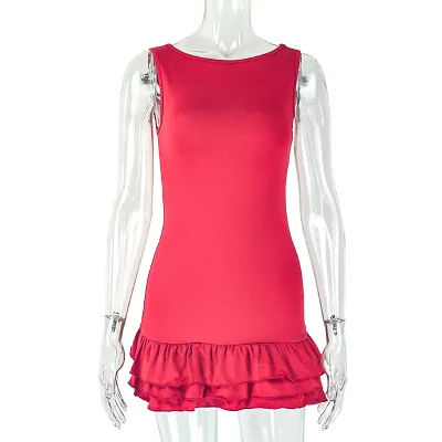 Women Fashion Sexy Solid Color Round Neck Sleeveless Slim-Fit Pleated Dress