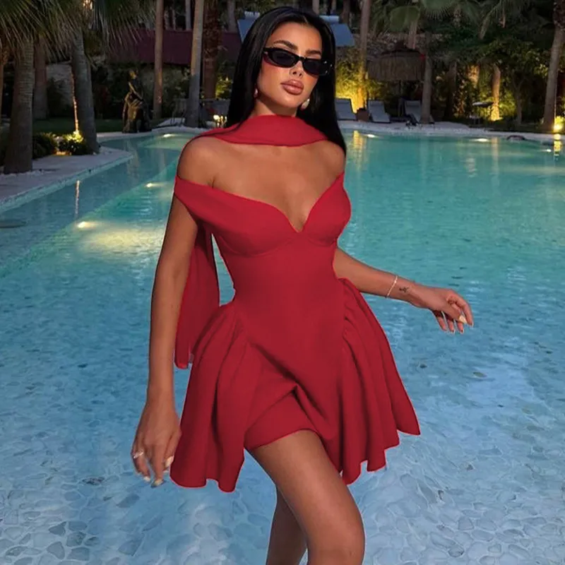 Women Fashion Sexy Solid Color V-Neck Sleeveless Puff Dress