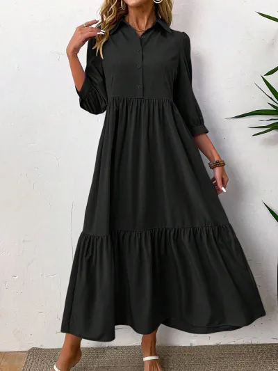 Women Casual Solid Color Lapel Long-Sleeve Loose A-Line Maxi Dress