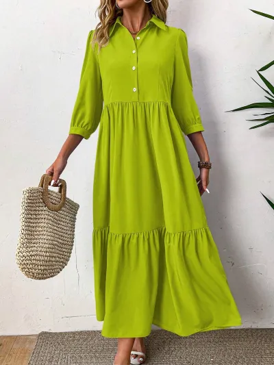 Women Casual Solid Color Lapel Long-Sleeve Loose A-Line Maxi Dress