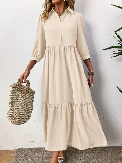 Women Casual Solid Color Lapel Long-Sleeve Loose A-Line Maxi Dress