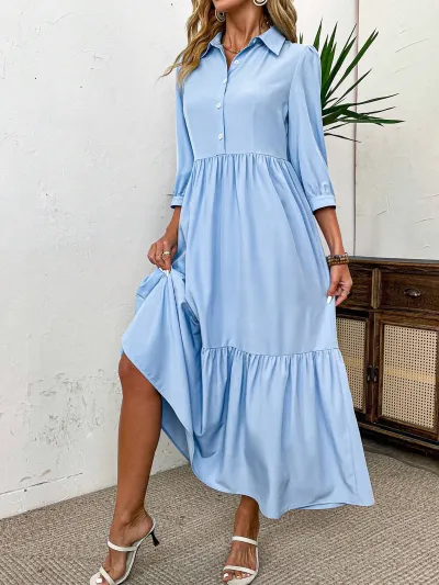 Women Casual Solid Color Lapel Long-Sleeve Loose A-Line Maxi Dress
