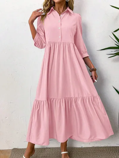 Women Casual Solid Color Lapel Long-Sleeve Loose A-Line Maxi Dress