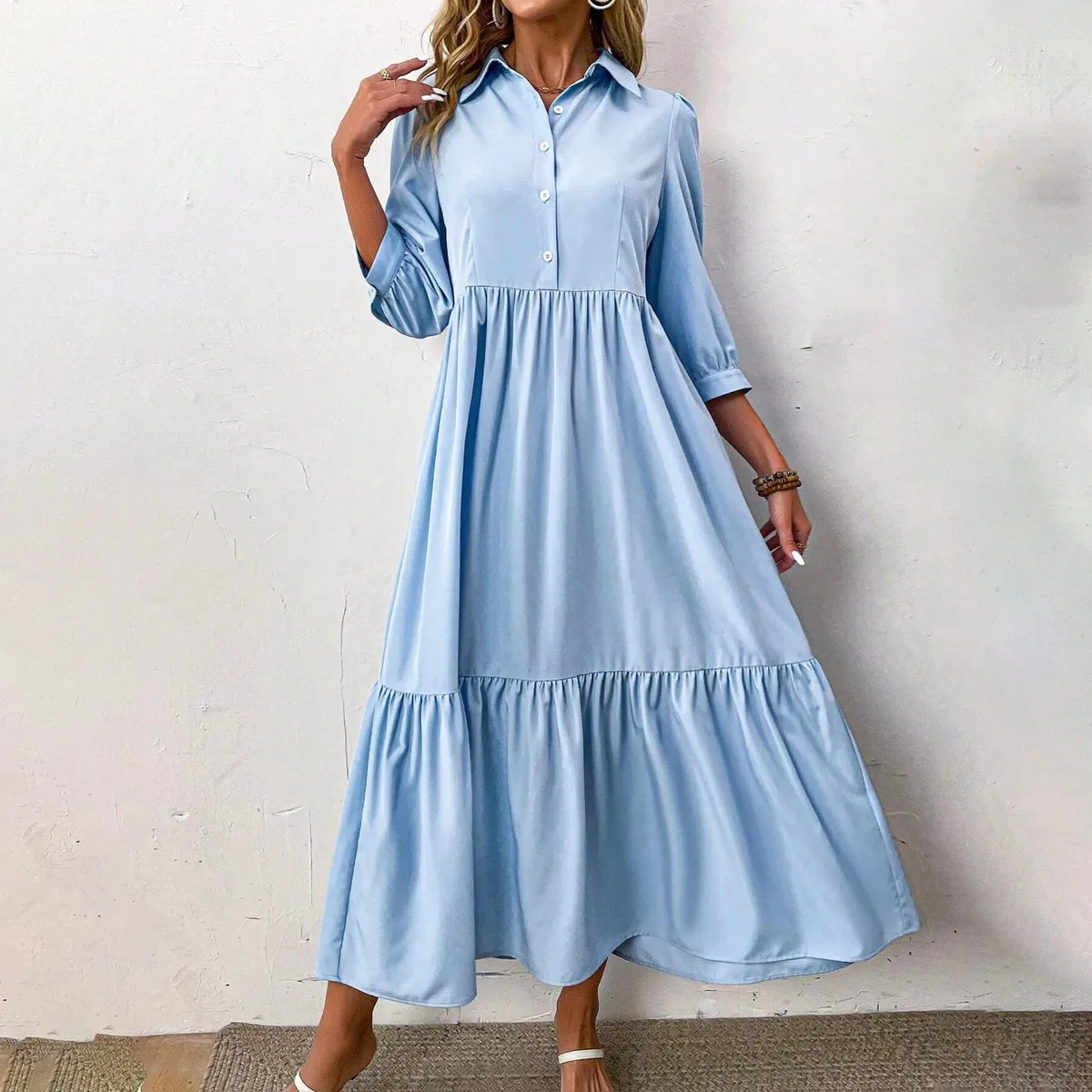 Women Casual Solid Color Lapel Long-Sleeve Loose A-Line Maxi Dress