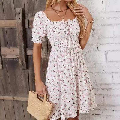 Women Fashion Casual Floral Printed Square Collar Short-Sleeve Ruffled Dress