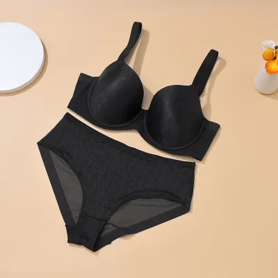 Women Plus Size Anti-Sagging Push-Up Bra Set Simple Solid Color Breathable Nylon