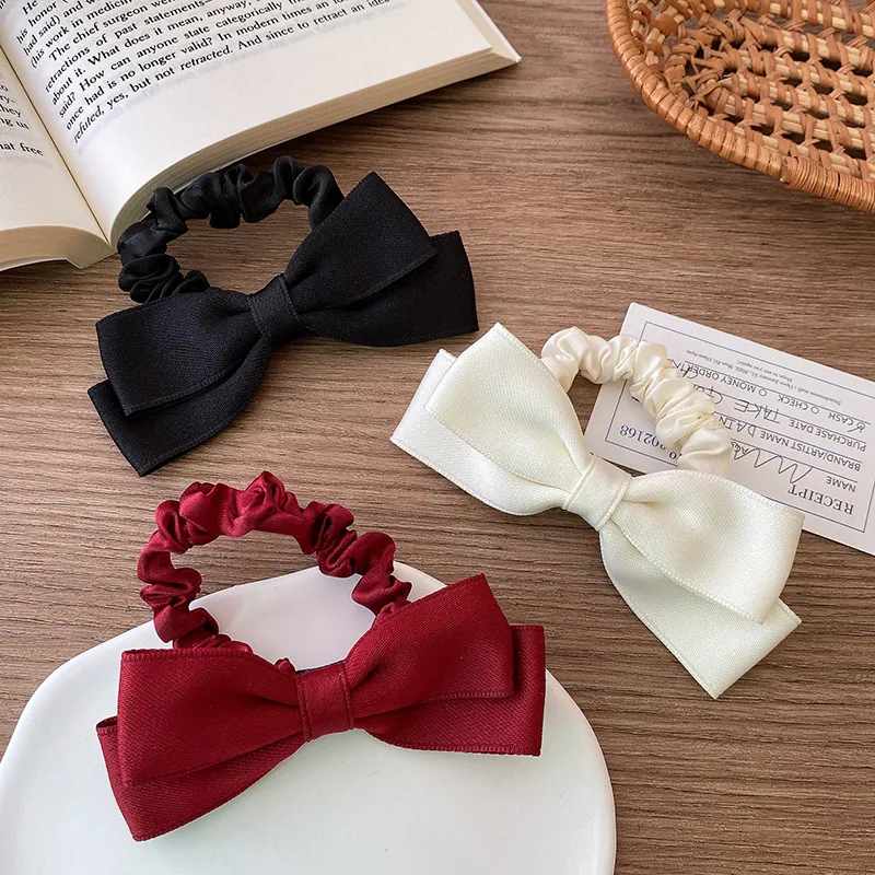 Kids Girls Solid Color Satin Double-Layer Bowknot Hair Ring High Elasticity