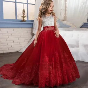 Kids Girls Fashion Elegant Mesh Lace Floral Sleeveless Party Princess Dress Cotton Blend Polyester