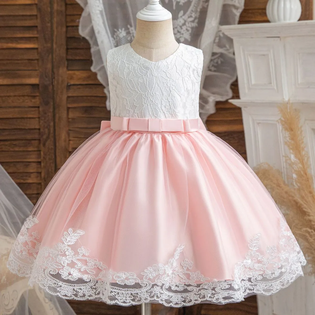 Kids Girls Elegant Lace Bowknot Floral Sleeveless Party Princess Dress