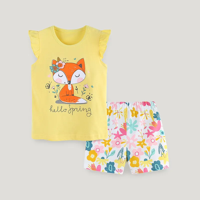 Kids Girls Fashion Cute Fox Printed Round Neck Tank Top Loose Shorts Two-Piece Set