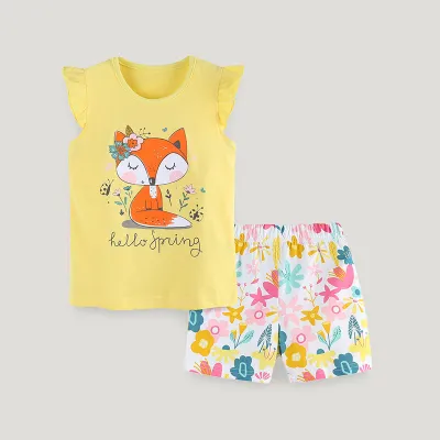 Kids Girls Fashion Cute Fox Printed Round Neck Tank Top Loose Shorts Two-Piece Set