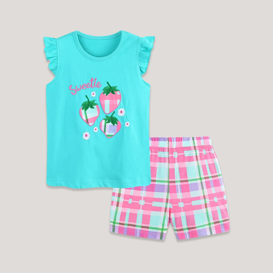 Kids Girls Cute Strawberry Embroidered Tank Top Plaid Shorts Two-Piece Set Cotton