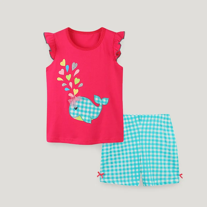 Kids Girls' Cotton Printed Tank Top And Plaid Shorts Two-Piece Summer Set