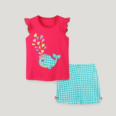 Kids Girls' Cotton Printed Tank Top And Plaid Shorts Two-Piece Summer Set