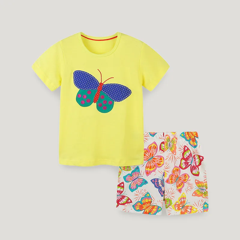 Kids Girls Fashion Cute Butterfly Print Short-Sleeve T-Shirt Loose Shorts Two-Piece Set