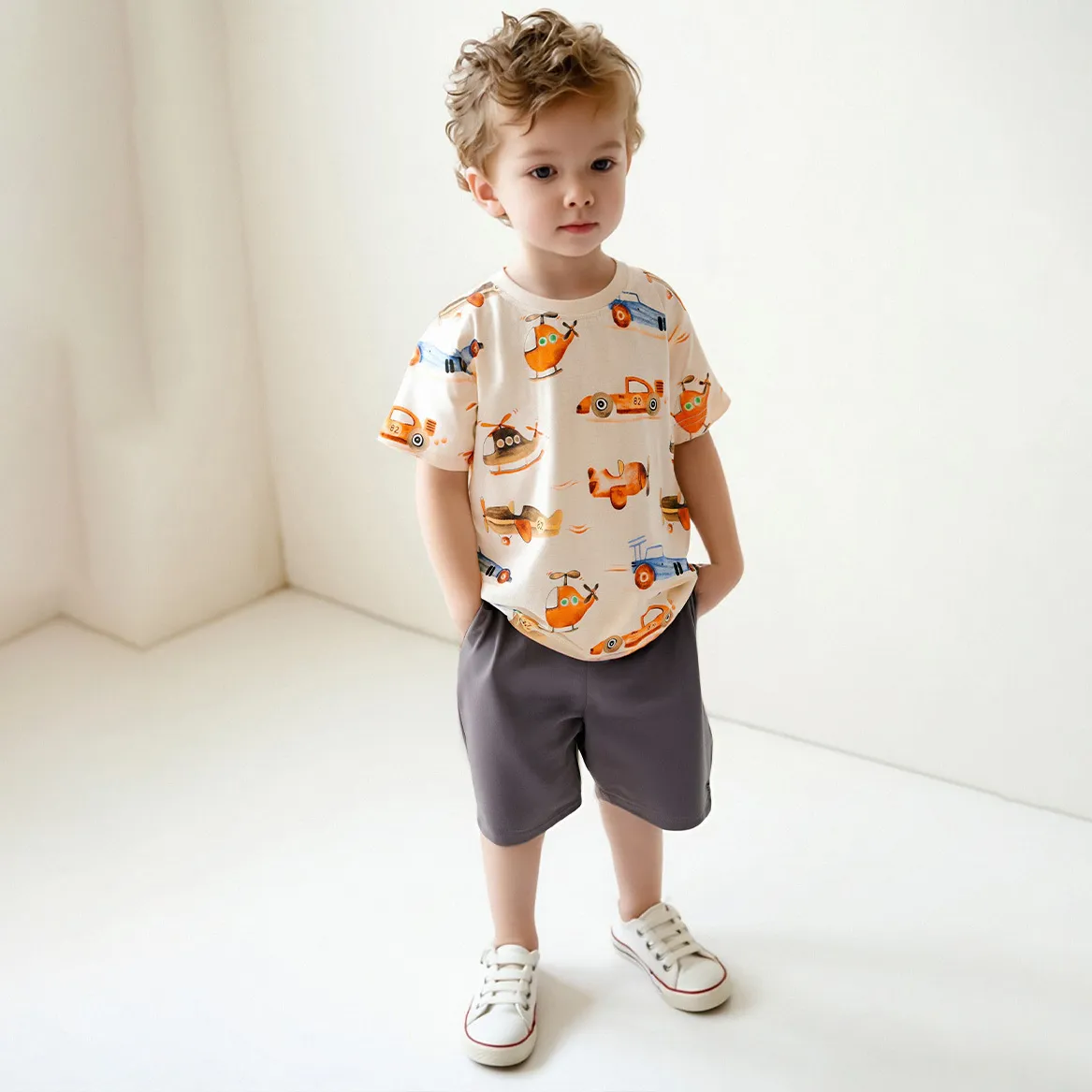 Kids Boys Fashion Casual Car Printed Short Sleeve T-Shirt and Loose Shorts Two-Piece Set