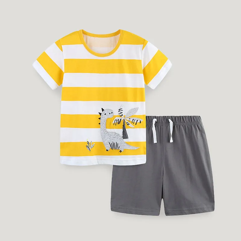 Kids Boys' Fashion Casual Cotton Dinosaur Embroidered Striped Short Sleeve T-Shirt Loose Shorts Two-Piece Set