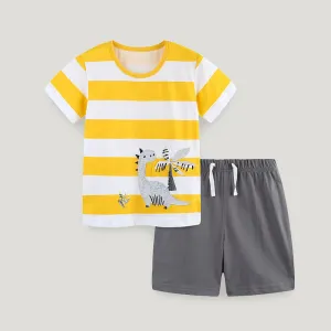 Kids Boys' Fashion Casual Cotton Dinosaur Embroidered Striped Short Sleeve T-Shirt Loose Shorts Two-Piece Set
