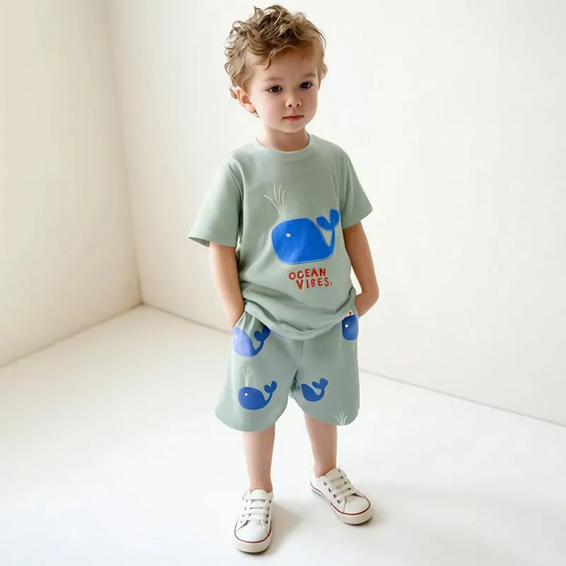 Kids Boy's Fashion Cute Whale Print Round Neck Short Sleeve T-Shirt Loose Shorts 2-Piece Set