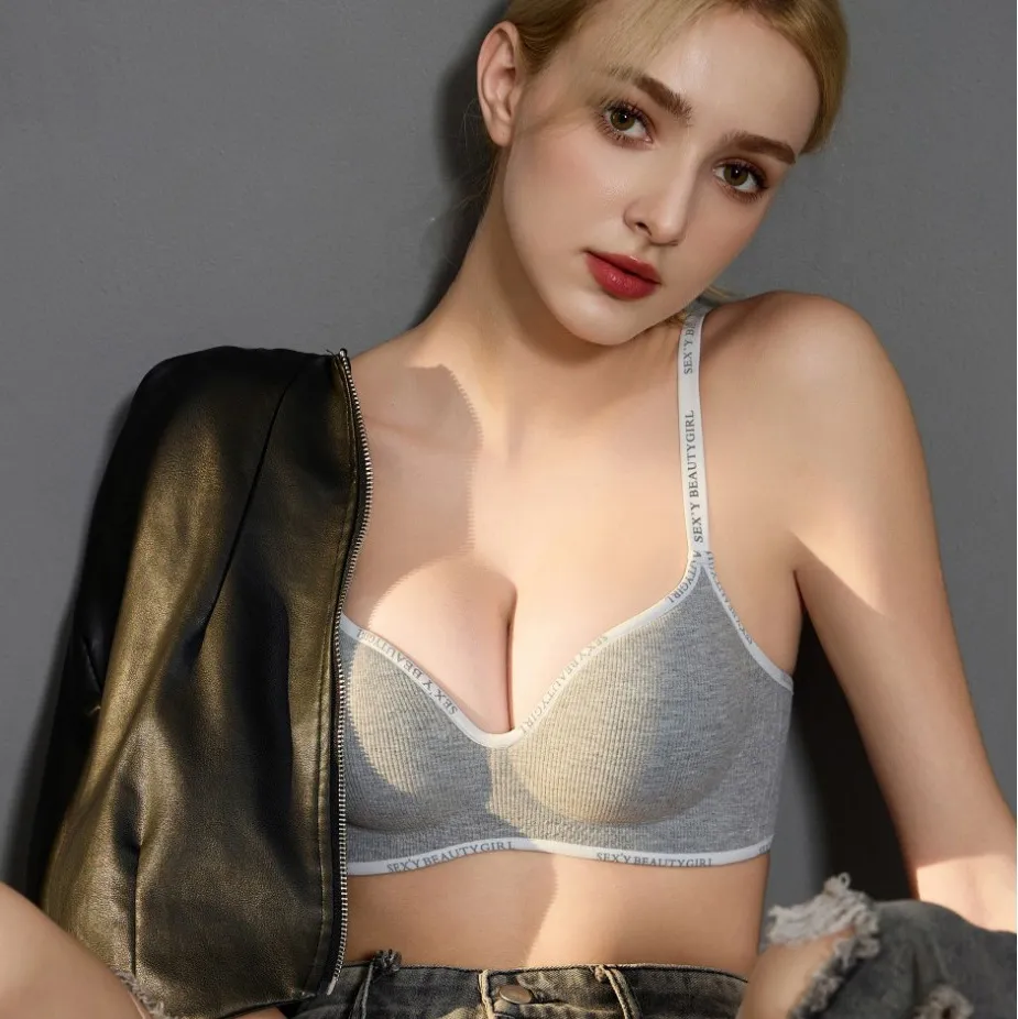 Women Fashion Letter Printed Gathered Seamless Bra