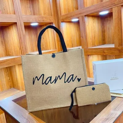 Women Fashion Printed Linen Jute Handbags Two-Piece Set