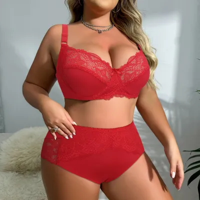 Women Plus Size Sexy Lace Edge Steel Ring Bra Underpants Set Ultra-Thin
