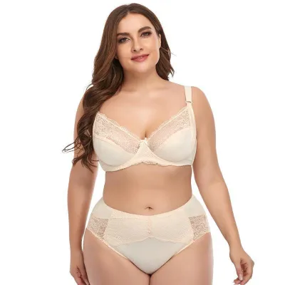 Women Plus Size Sexy Lace Edge Steel Ring Bra Underpants Set Ultra-Thin