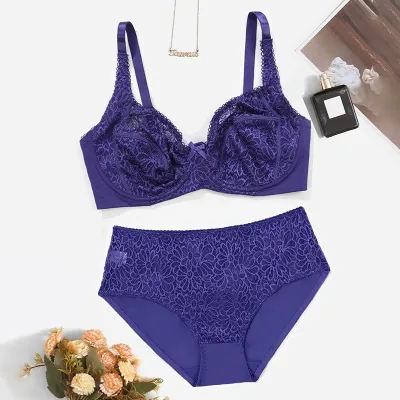 Women Plus Size Ultra-Thin Lace Bra and Underpants Set
