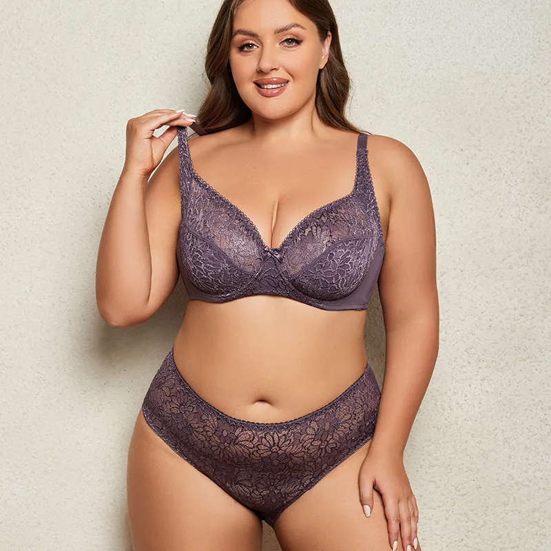Women Plus Size Ultra-Thin Lace Bra and Underpants Set