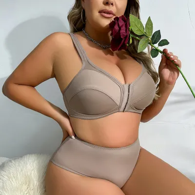 Women Fashion Sexy Solid Color Plus Size Ultra-Thin No Steel Ring Bra Underpants Set
